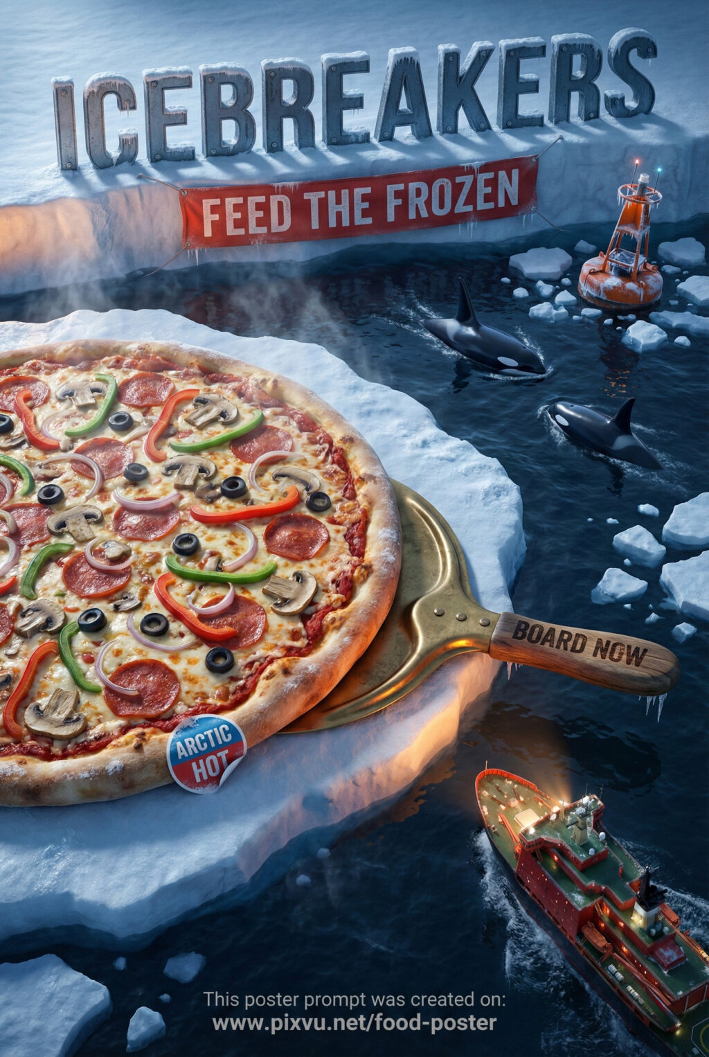 Arctic Icebreaker Pizza Poster Design AI Prompt _Gemini-3-Pro-Image_