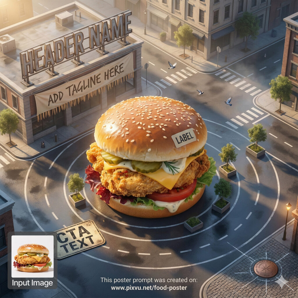 Bird’s-Eye Giant Urban Burger Poster AI Prompt _Fully-Customizable_