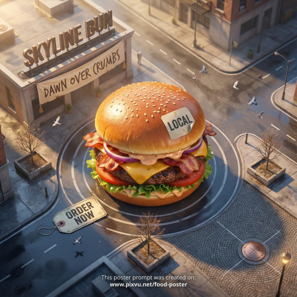 Bird’s-Eye Giant Urban Burger Poster AI Prompt _Gemini-3-Pro-Image_