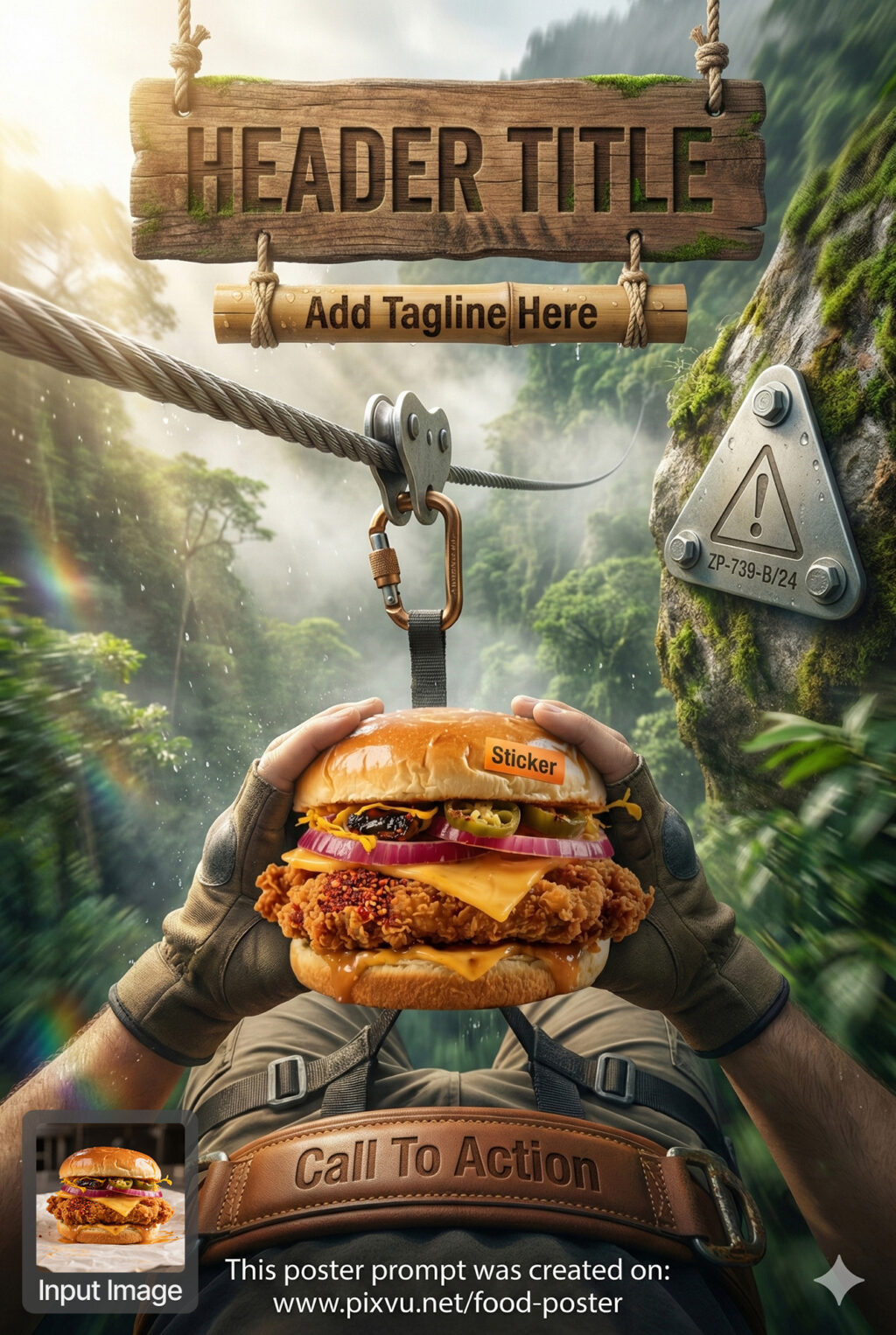 Cinematic Jungle Zipline Burger Poster AI Prompt _Fully-Customizable_