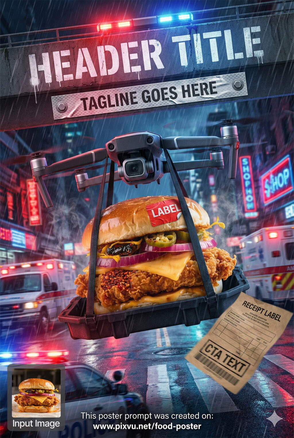Emergency Drone Delivery Burger Poster AI Prompt _Fully-Customizable_