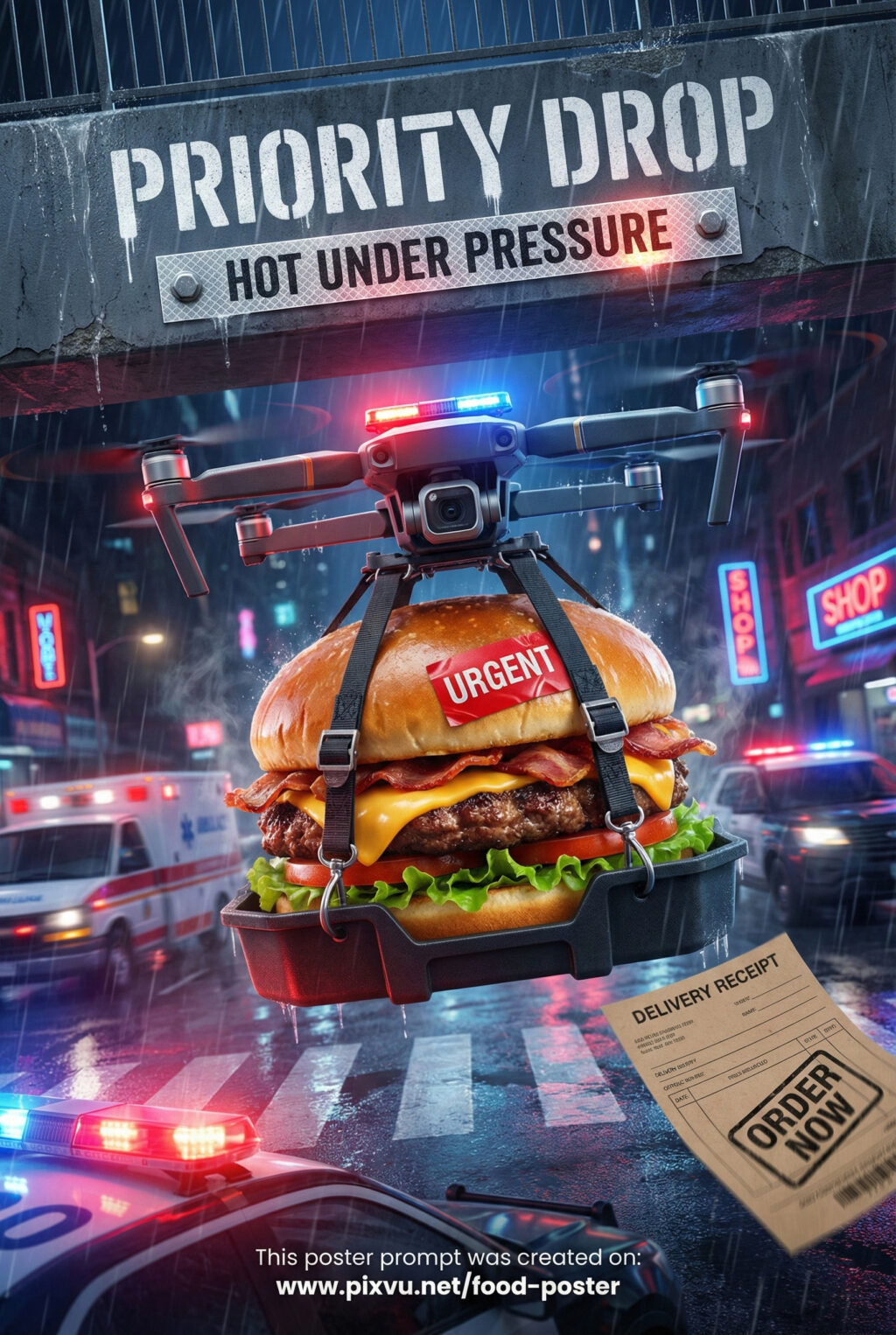 Emergency Drone Delivery Burger Poster AI Prompt _Gemini-3-Pro-Image_