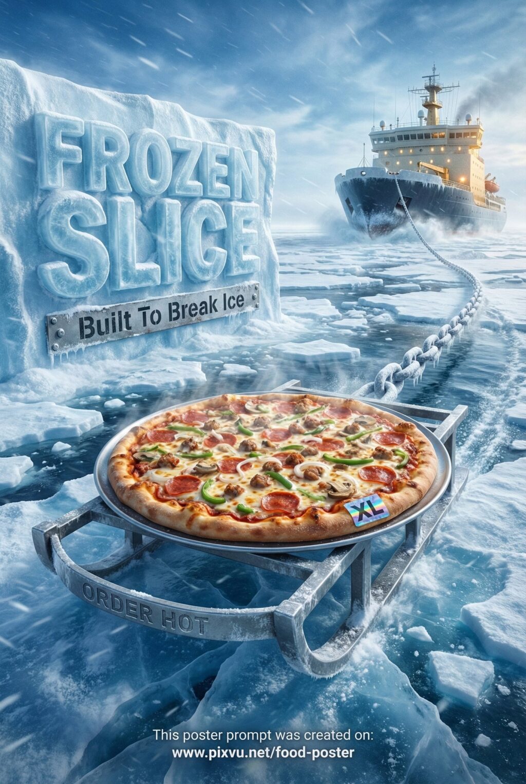 Epic Scale Arctic Pizza Poster AI Prompt _Gemini-3-Pro-Image_