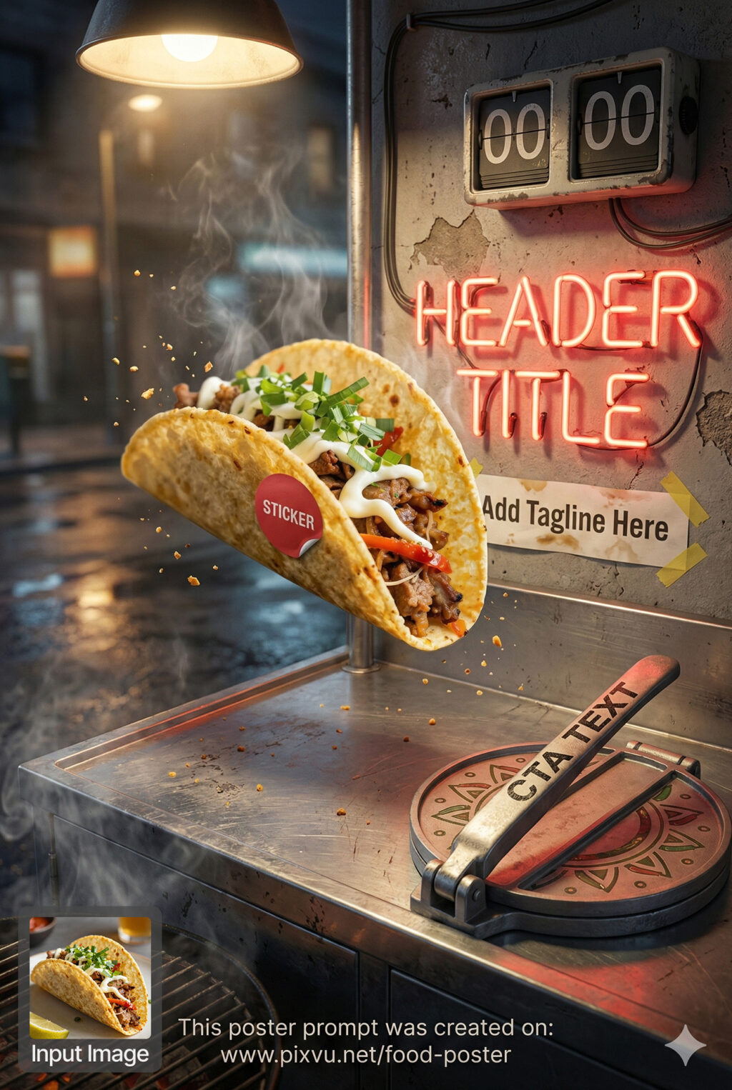 Free Dynamic Urban Street Taco Poster AI Prompt _Fully-Customizable_