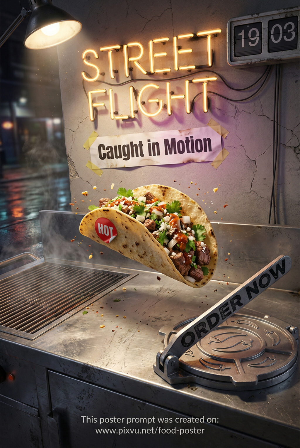 Free Dynamic Urban Street Taco Poster AI Prompt _Gemini-3-Pro-Image_