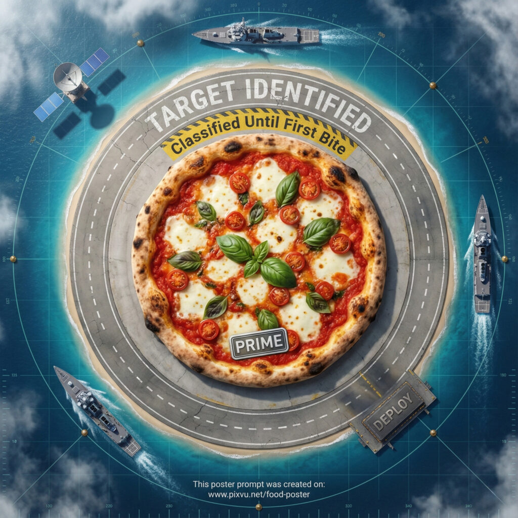Free Satellite Recon Pizza Poster AI Prompt _Gemini-3-Pro-Image_