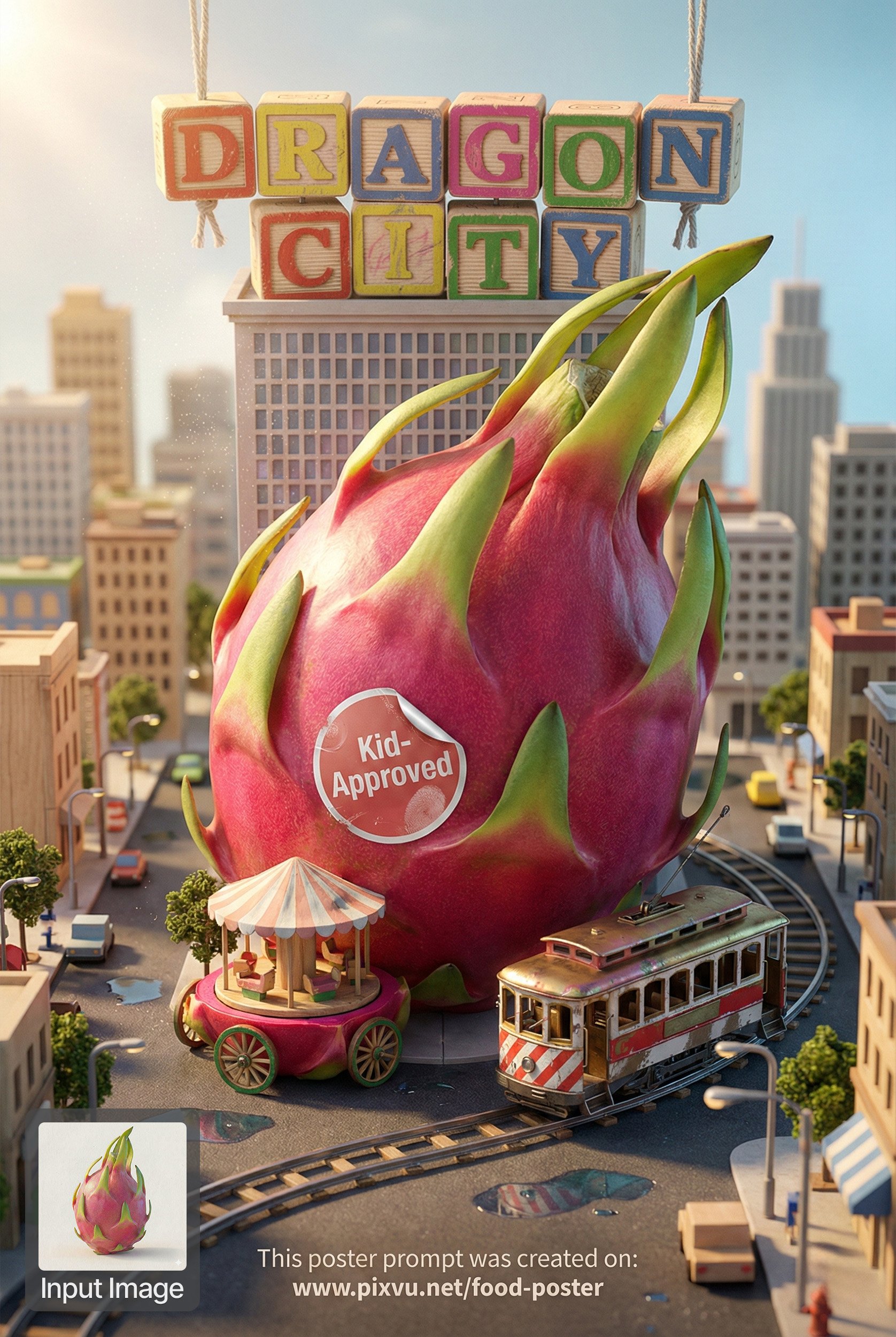 Input: realistic dragon fruit in a kids miniature city.