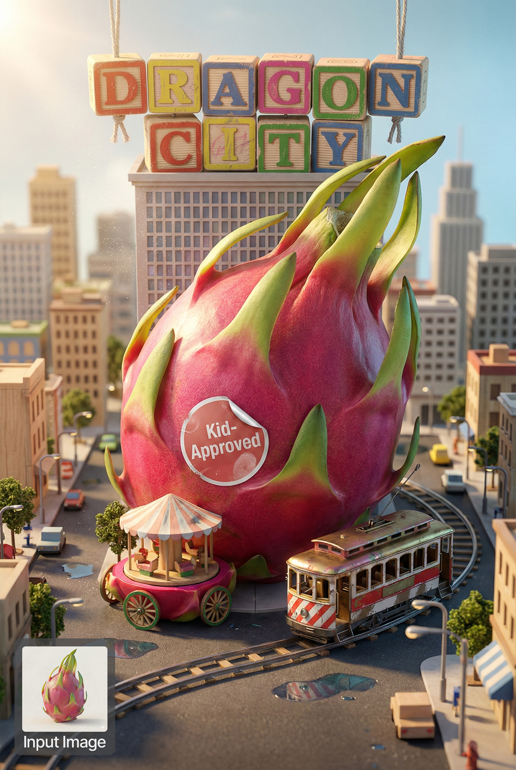 Input: realistic dragon fruit in a kids miniature city.