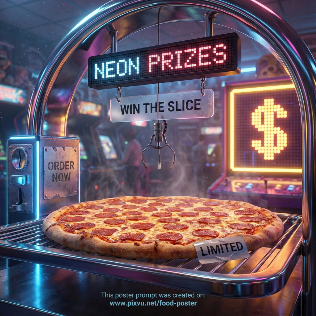 Neon Arcade Pizza Poster Design AI Prompt _Gemini-3-Pro-Image_