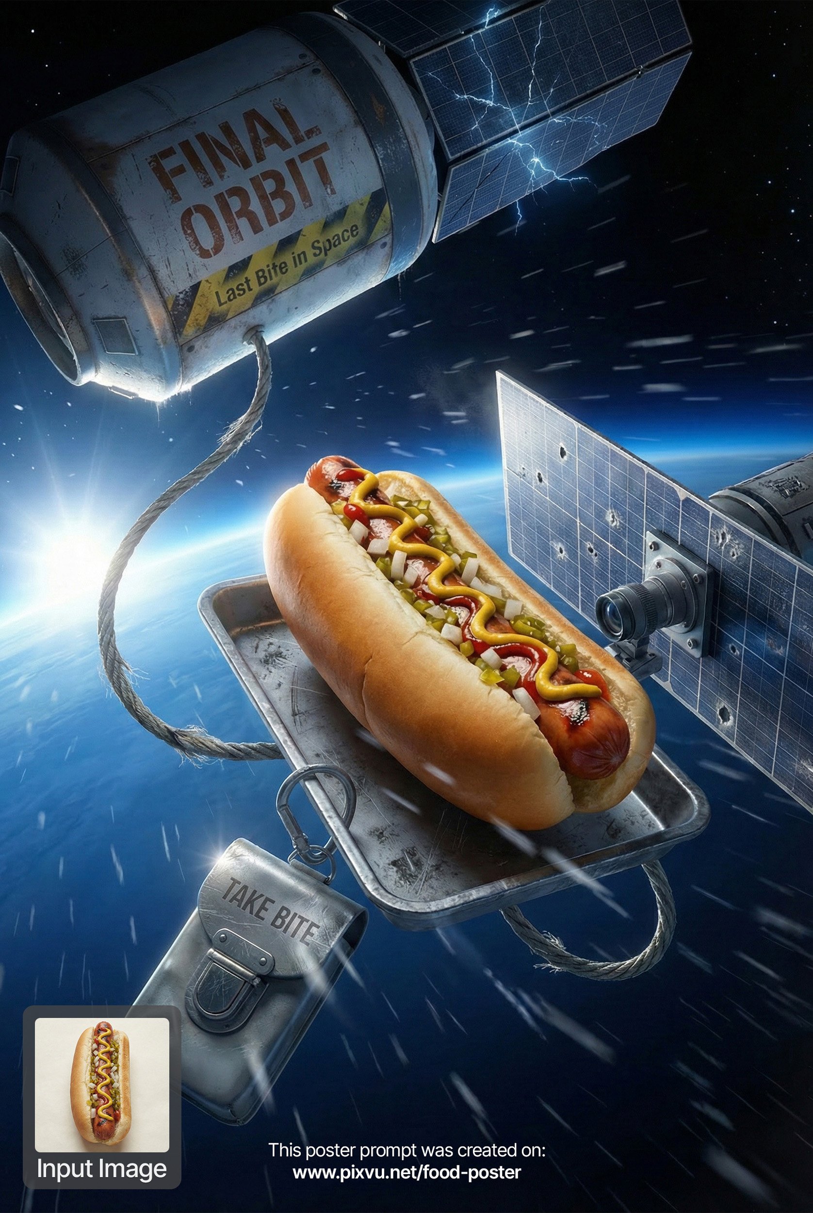 Input: Epic time-frozen shot of a Giant Hot dog pulled by a satellite at extreme speed around earth, lit with dramatic cinematic glow, with header and tagline painted on the satellite body.