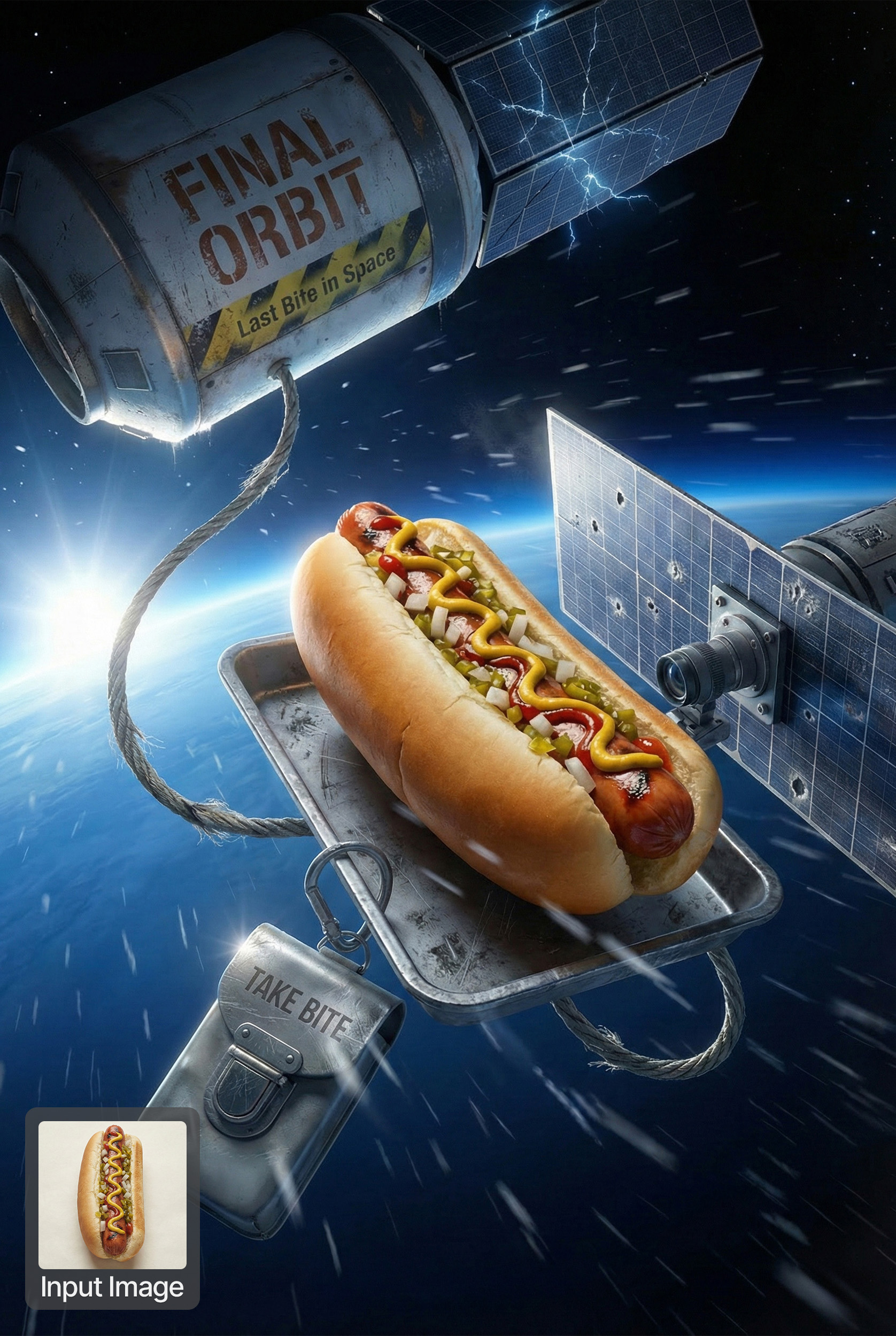 Input: Epic time-frozen shot of a Giant Hot dog pulled by a satellite at extreme speed around earth, lit with dramatic cinematic glow, with header and tagline painted on the satellite body.