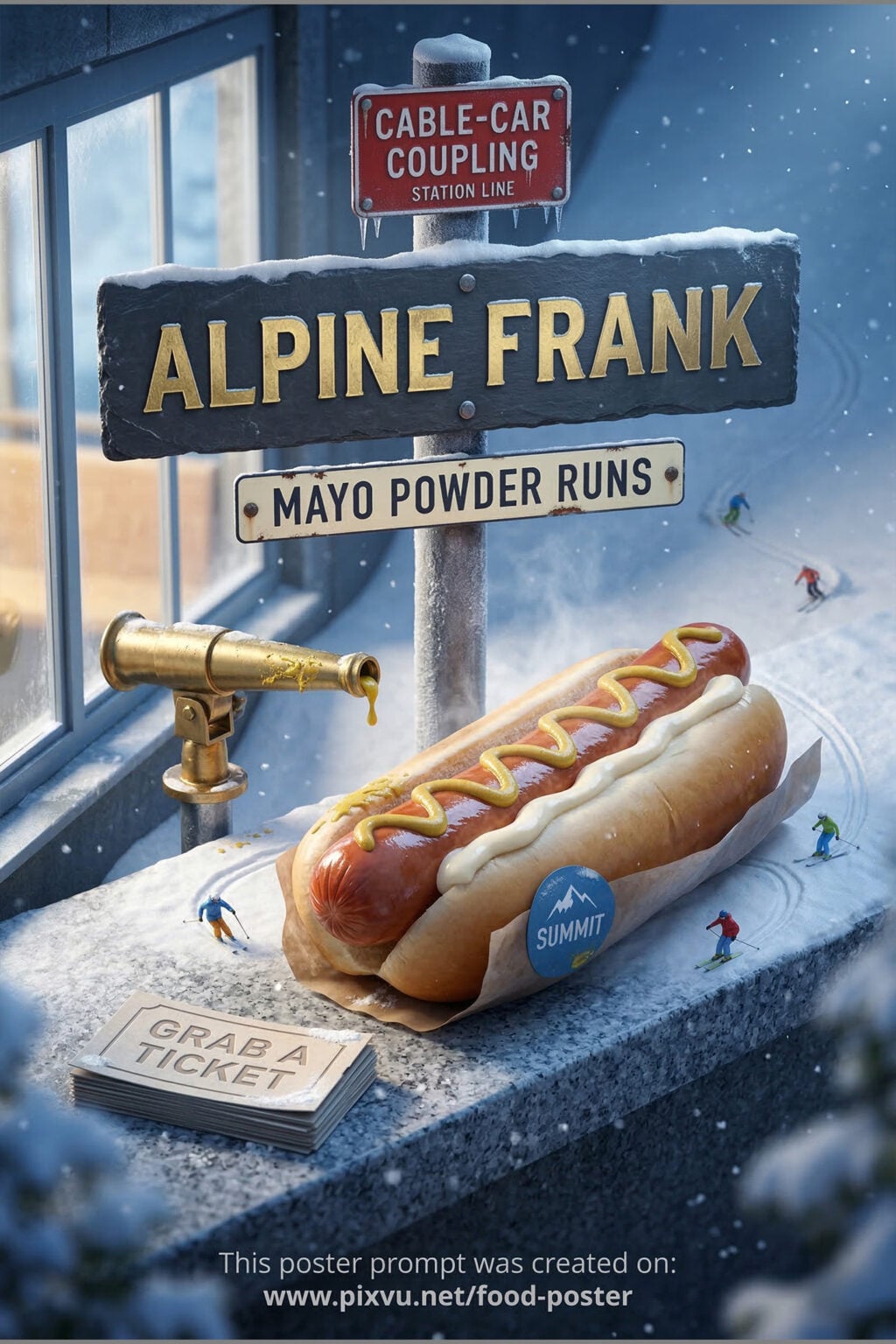 Alpine Diorama Ski Hotdog Poster AI Prompt _Gemini-Nano-Banana-2_