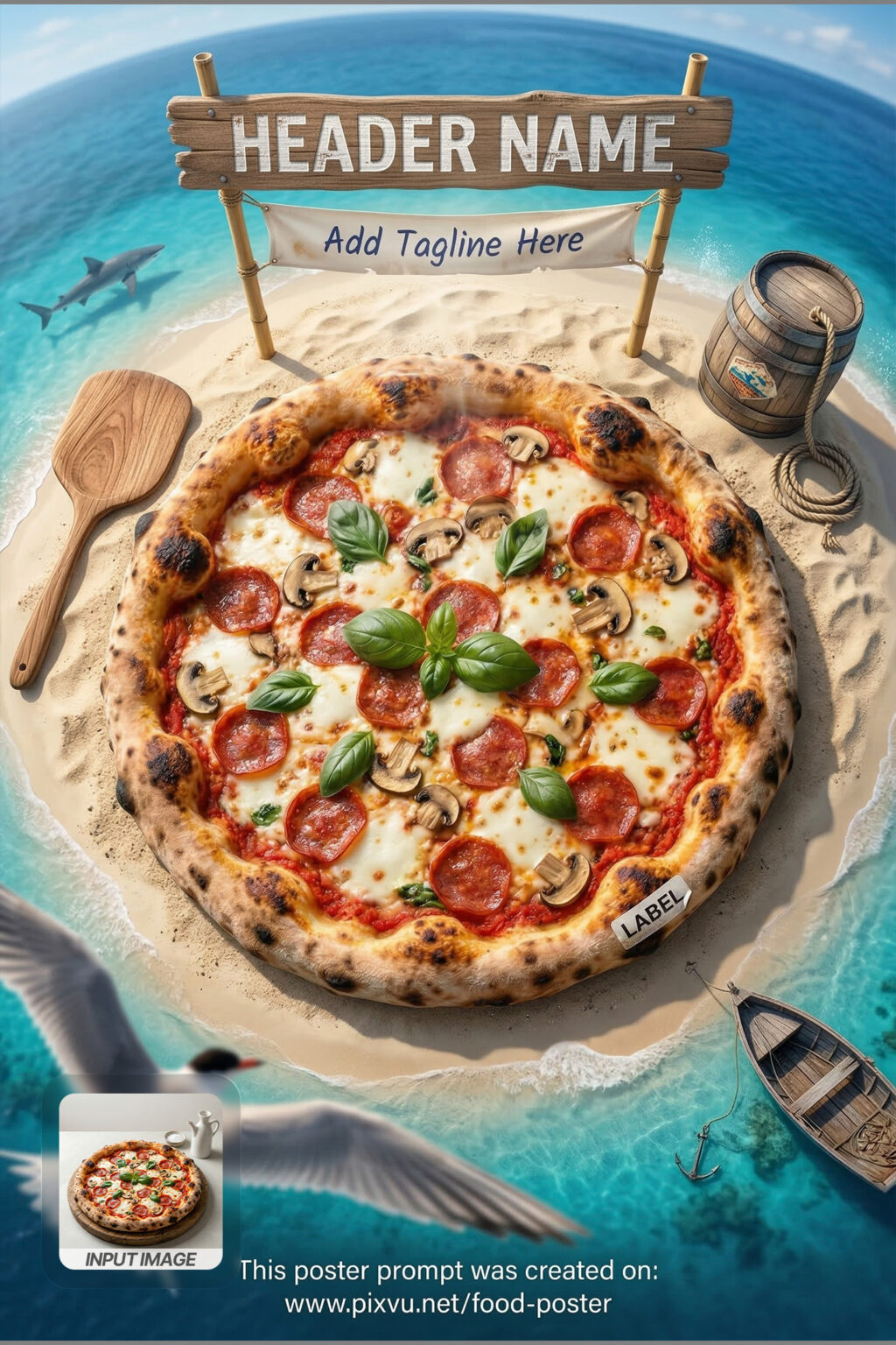 Bird's Eye Tropical Island Pizza Poster AI Prompt _Fully-Customizable_