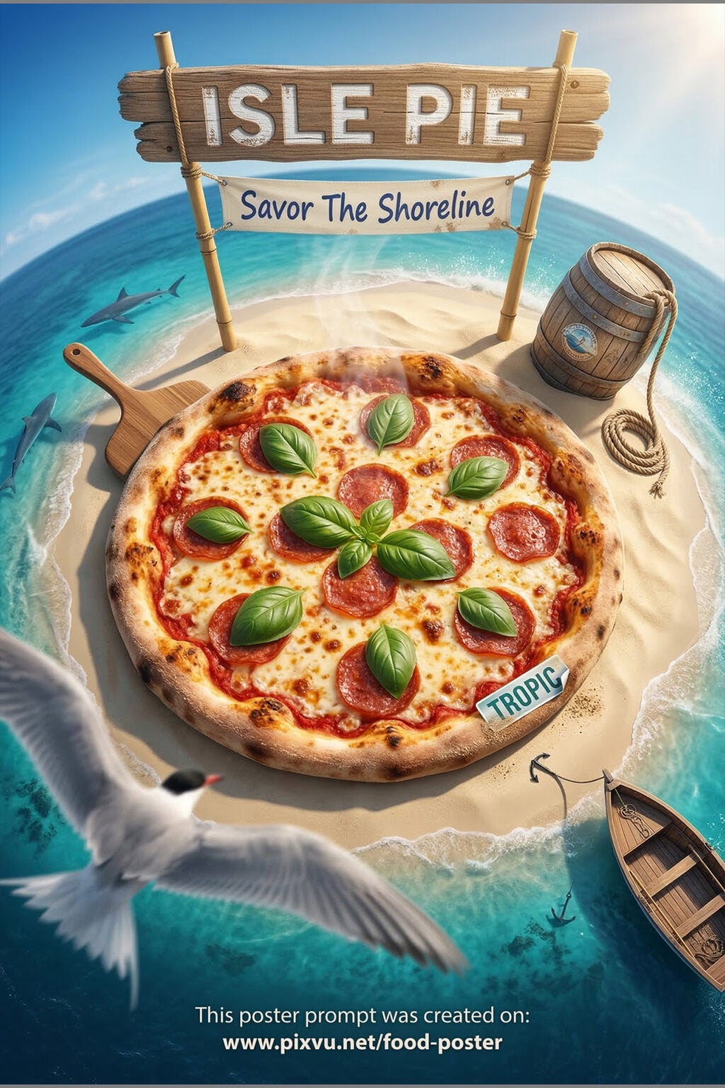 Bird's Eye Tropical Island Pizza Poster AI Prompt _Gemini-Nano-Banana-2_