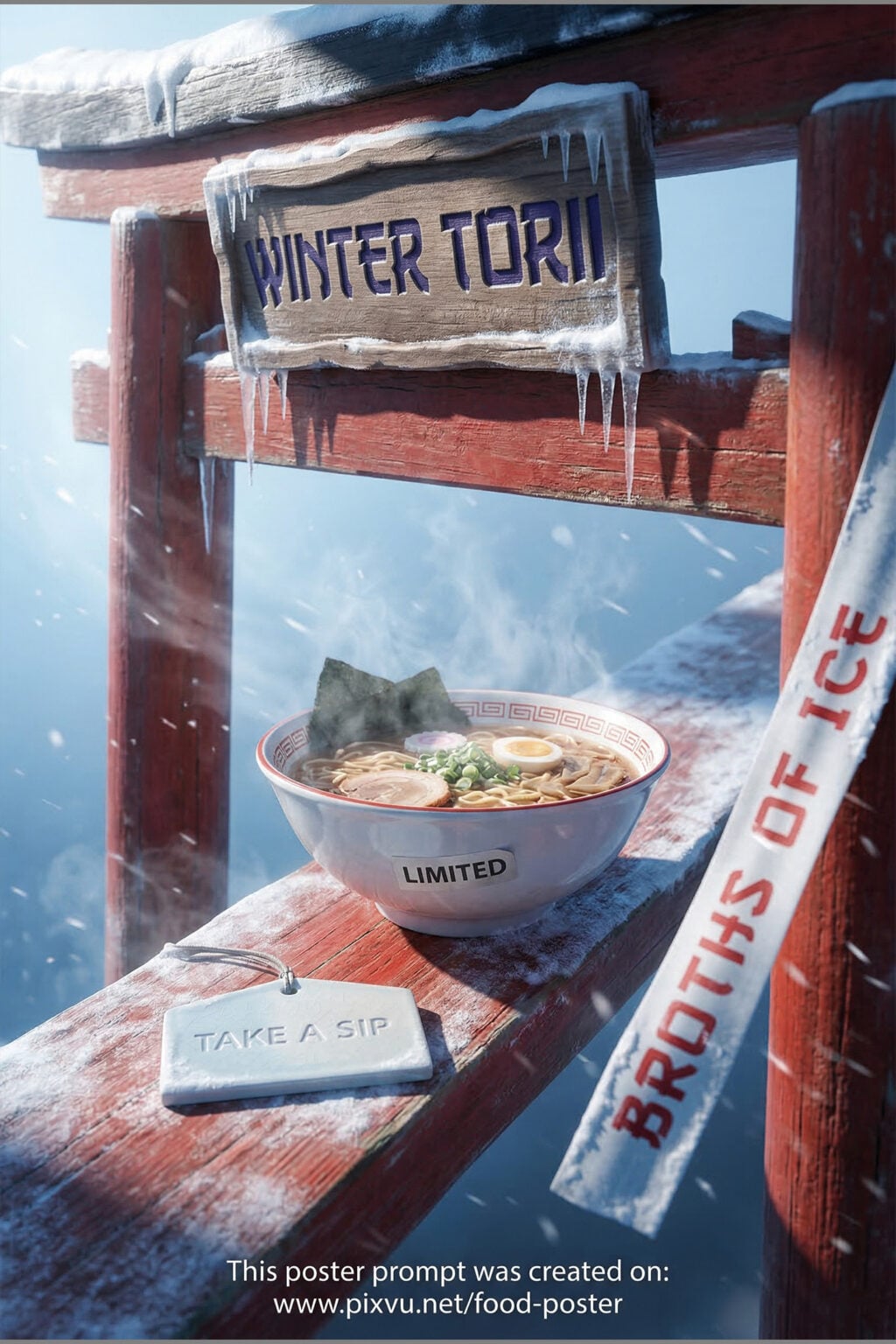 Cinematic Winter Torii Ramen Poster Gemini AI Prompt _Gemini-Nano-Banana-2_