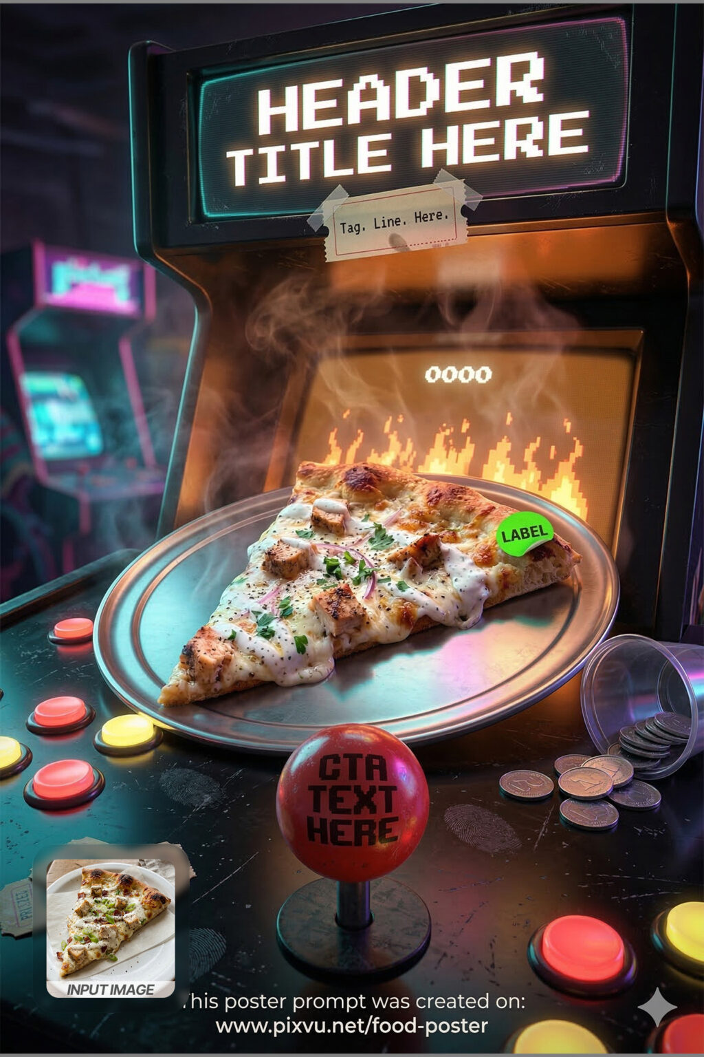 Free Retro Arcade Pizza Slice Poster AI Prompt _Fully-Customizable_