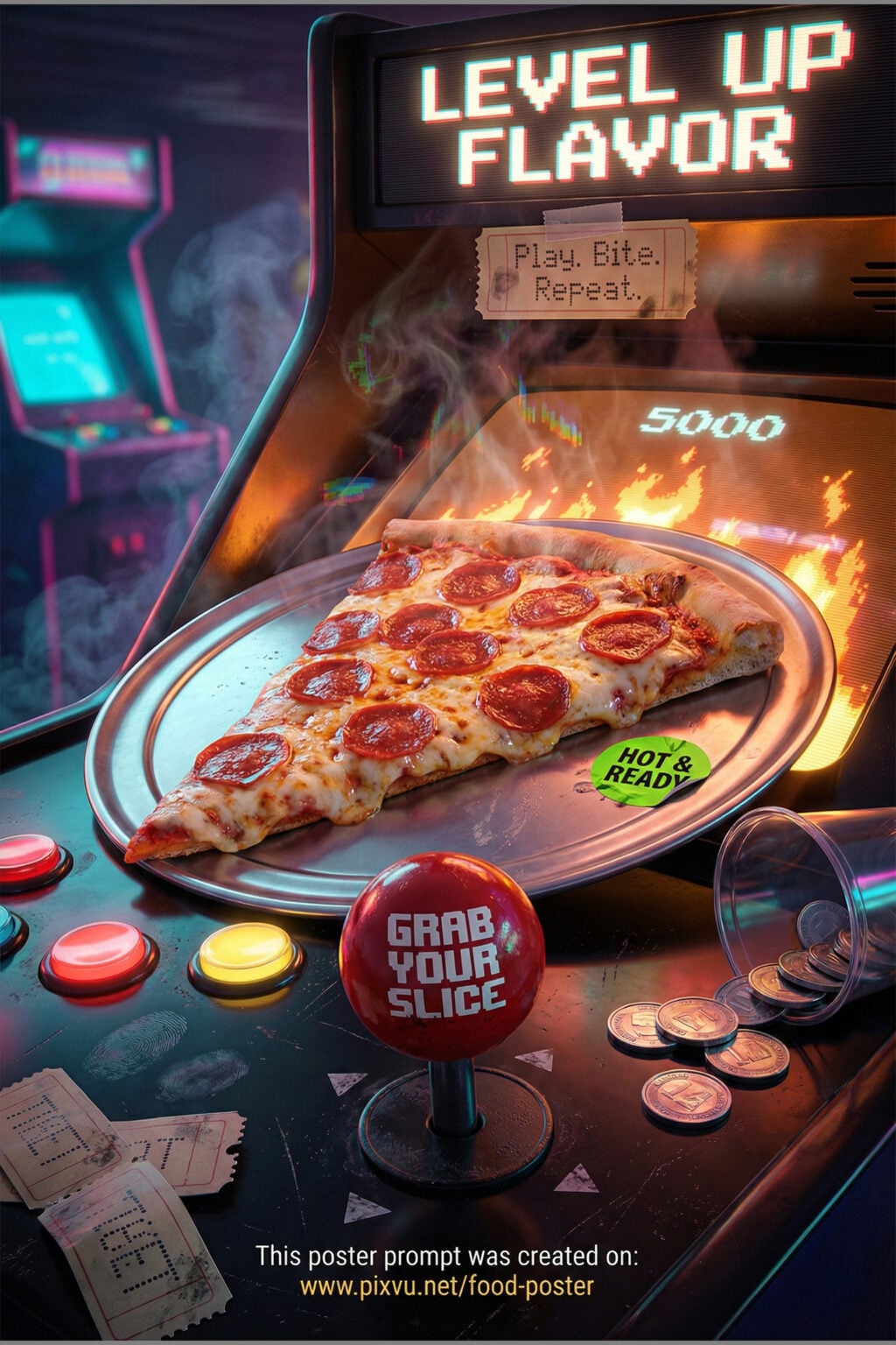 Free Retro Arcade Pizza Slice Poster AI Prompt _Gemini-Nano-Banana-2_