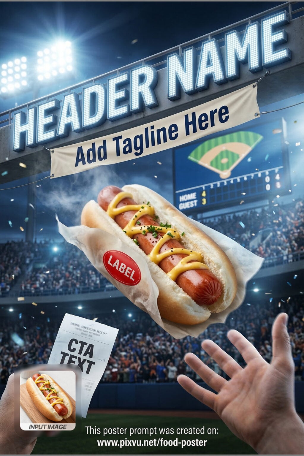 Free Stadium POV Hotdog Poster Gemini AI Prompt _Fully-Customizable_