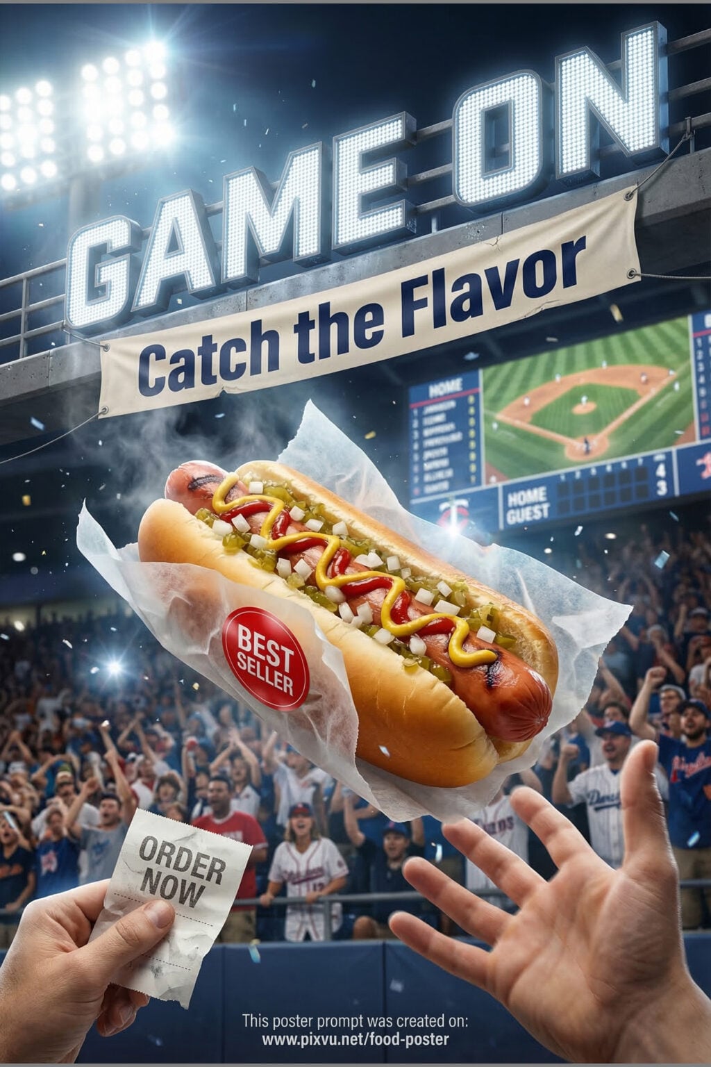 Free Stadium POV Hotdog Poster Gemini AI Prompt _Gemini-Nano-Banana-2_
