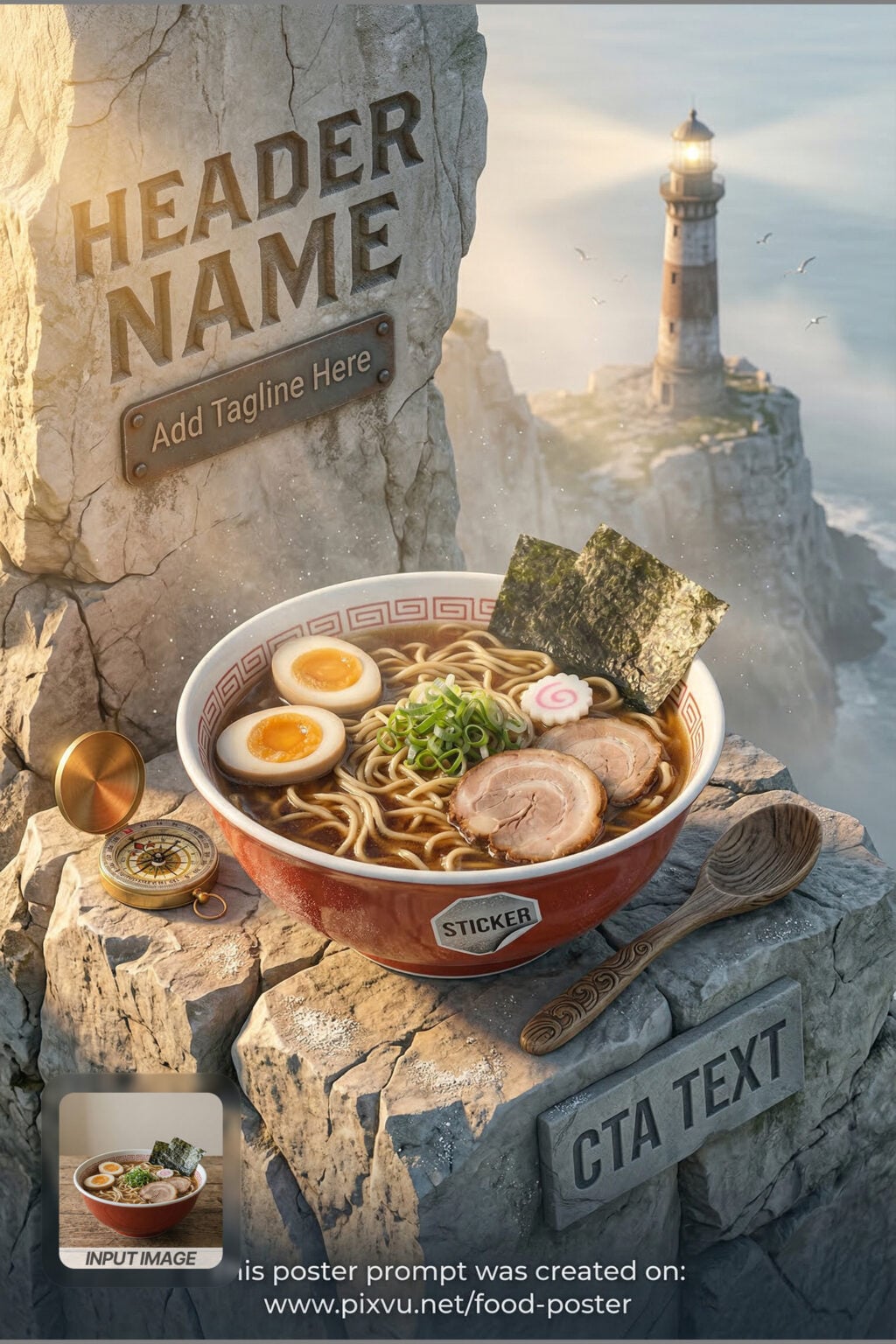 Isometric Coastal Lighthouse Ramen Poster AI Prompt _Fully-Customizable_