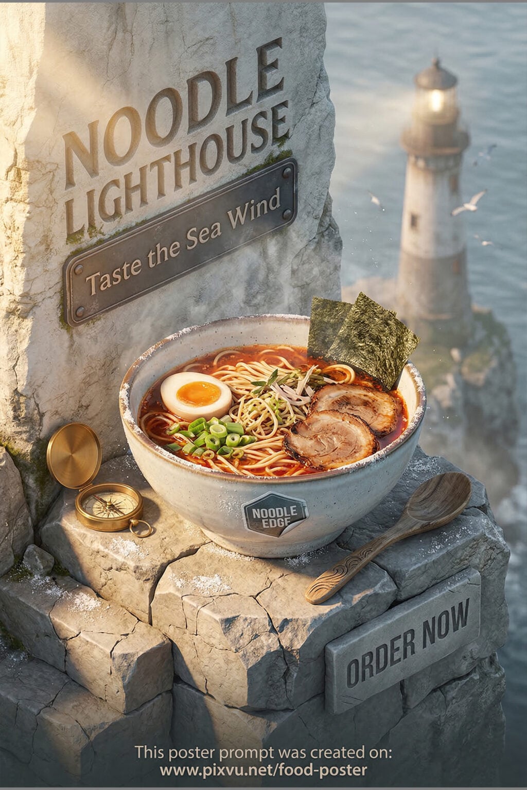 Isometric Coastal Lighthouse Ramen Poster AI Prompt _Gemini-Nano-Banana-2_