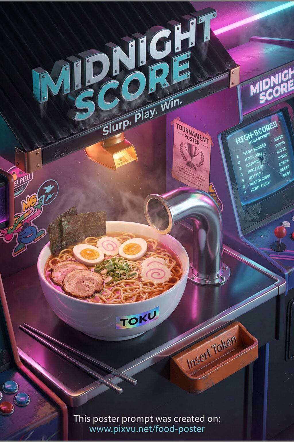 Isometric Neon Arcade Ramen Poster AI Prompt _Gemini-Nano-Banana-2_
