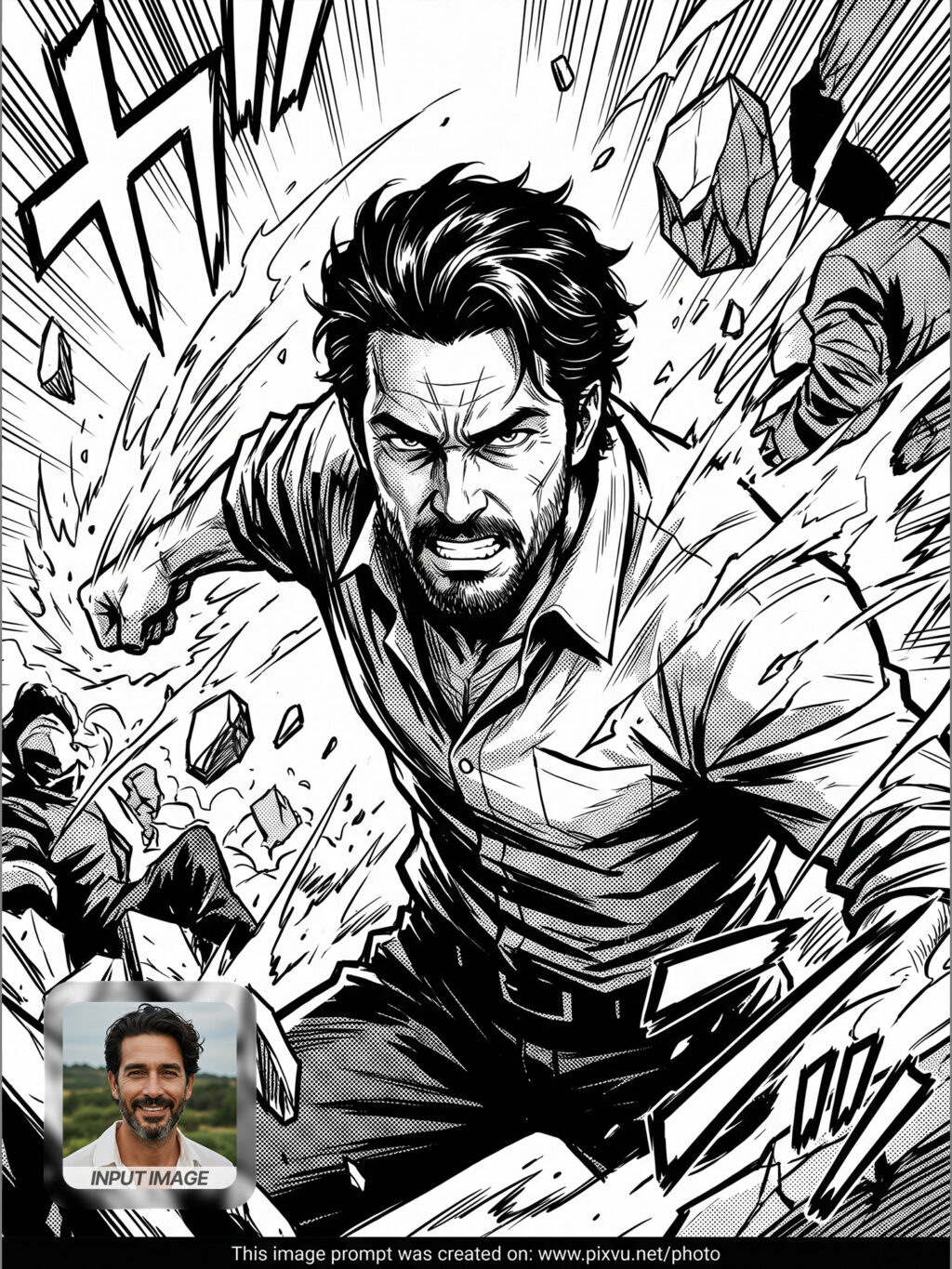 Monochrome Manga Action Portrait Effect AI Prompt _Gemini-Example-1_