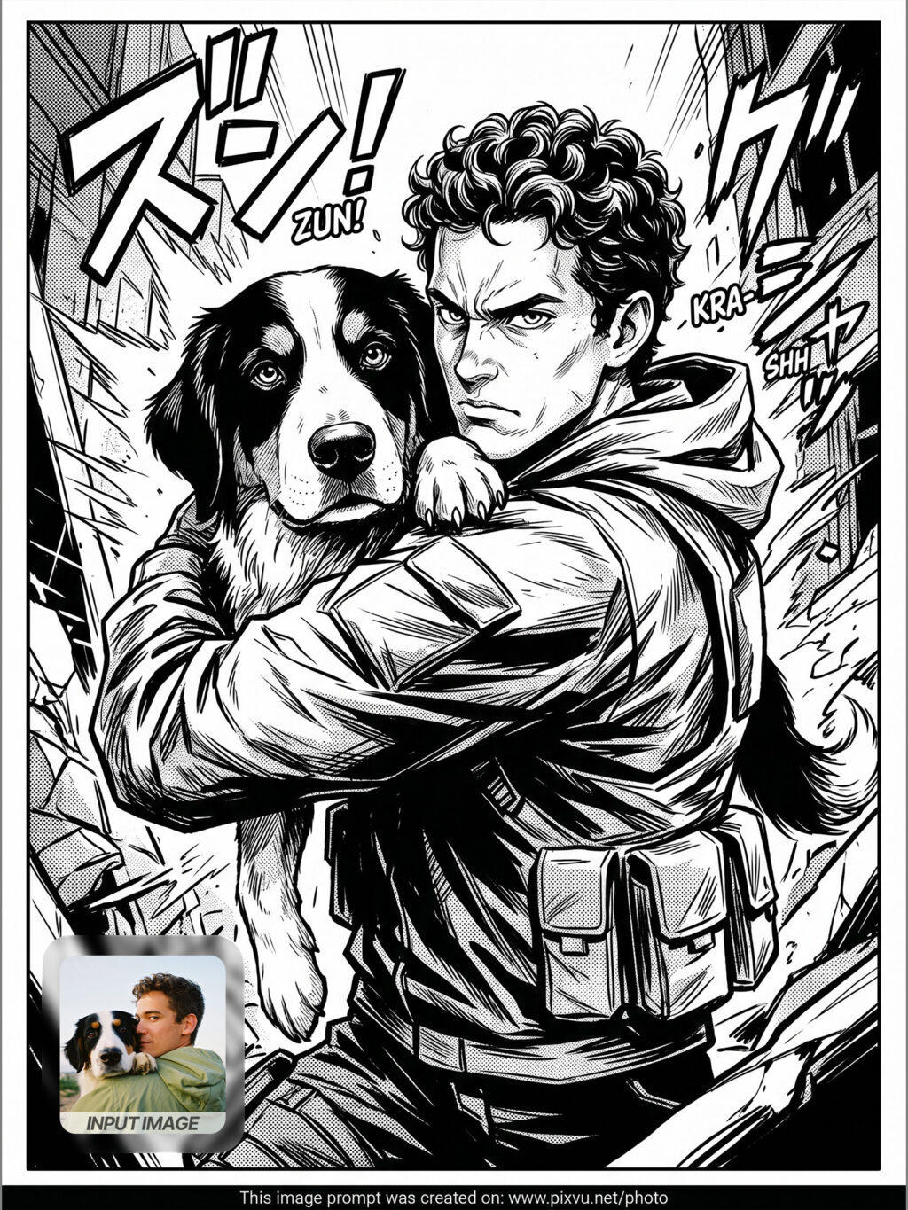 Monochrome Manga Action Portrait Effect AI Prompt _Gemini-Example-2_