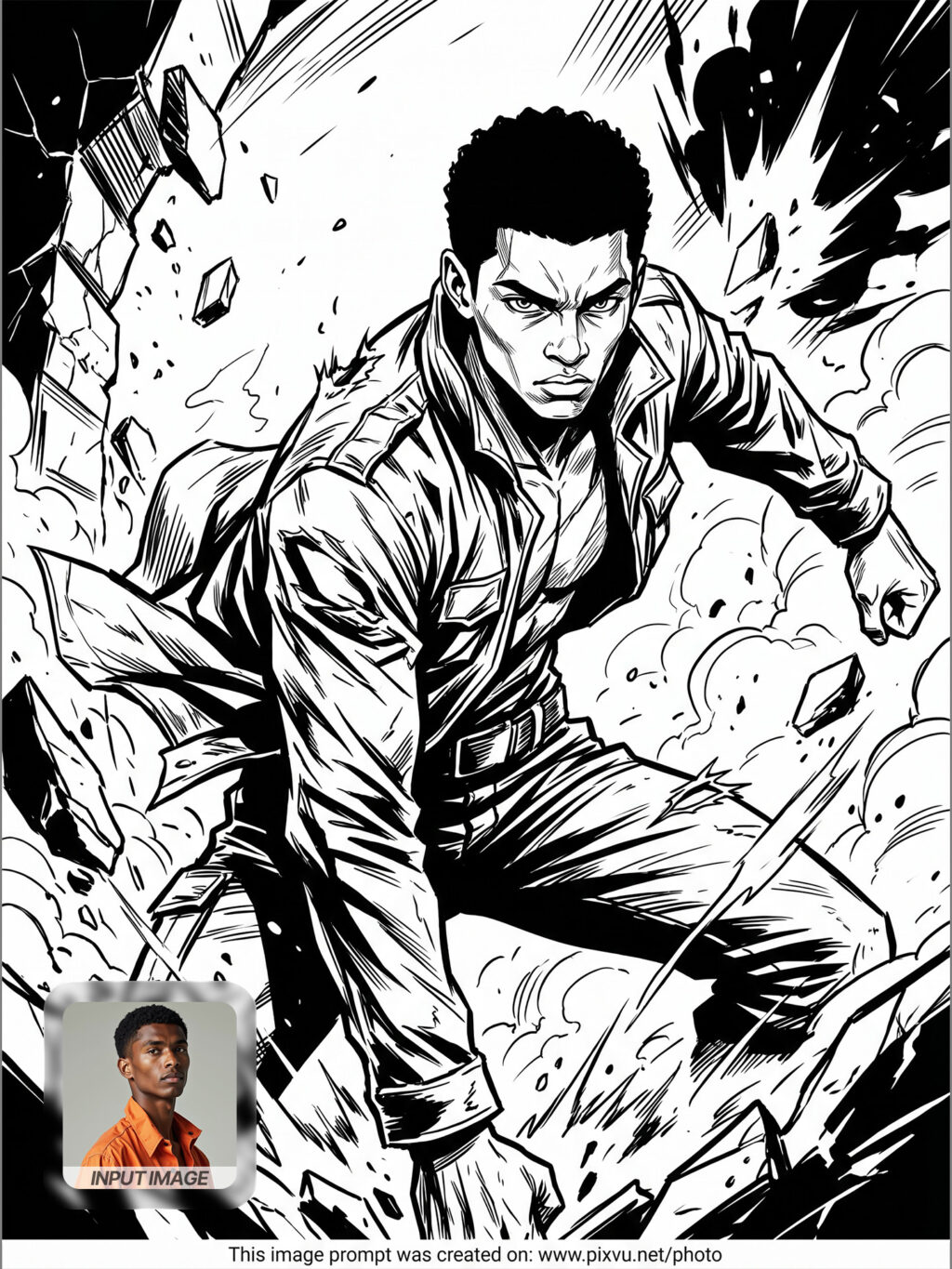 Monochrome Manga Action Portrait Effect AI Prompt _Gemini-Example-3_