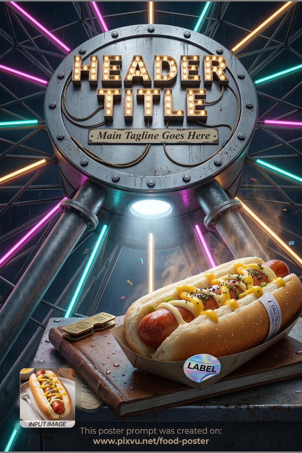 Neon Ferris Wheel Hotdog Poster AI Prompt _Fully-Customizable_