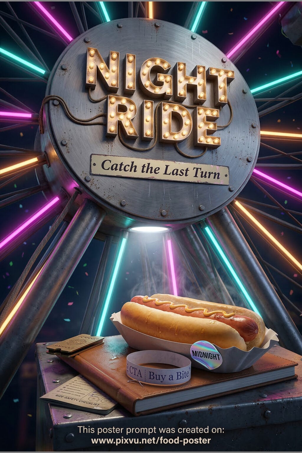 Neon Ferris Wheel Hotdog Poster AI Prompt _Gemini-Nano-Banana-2_