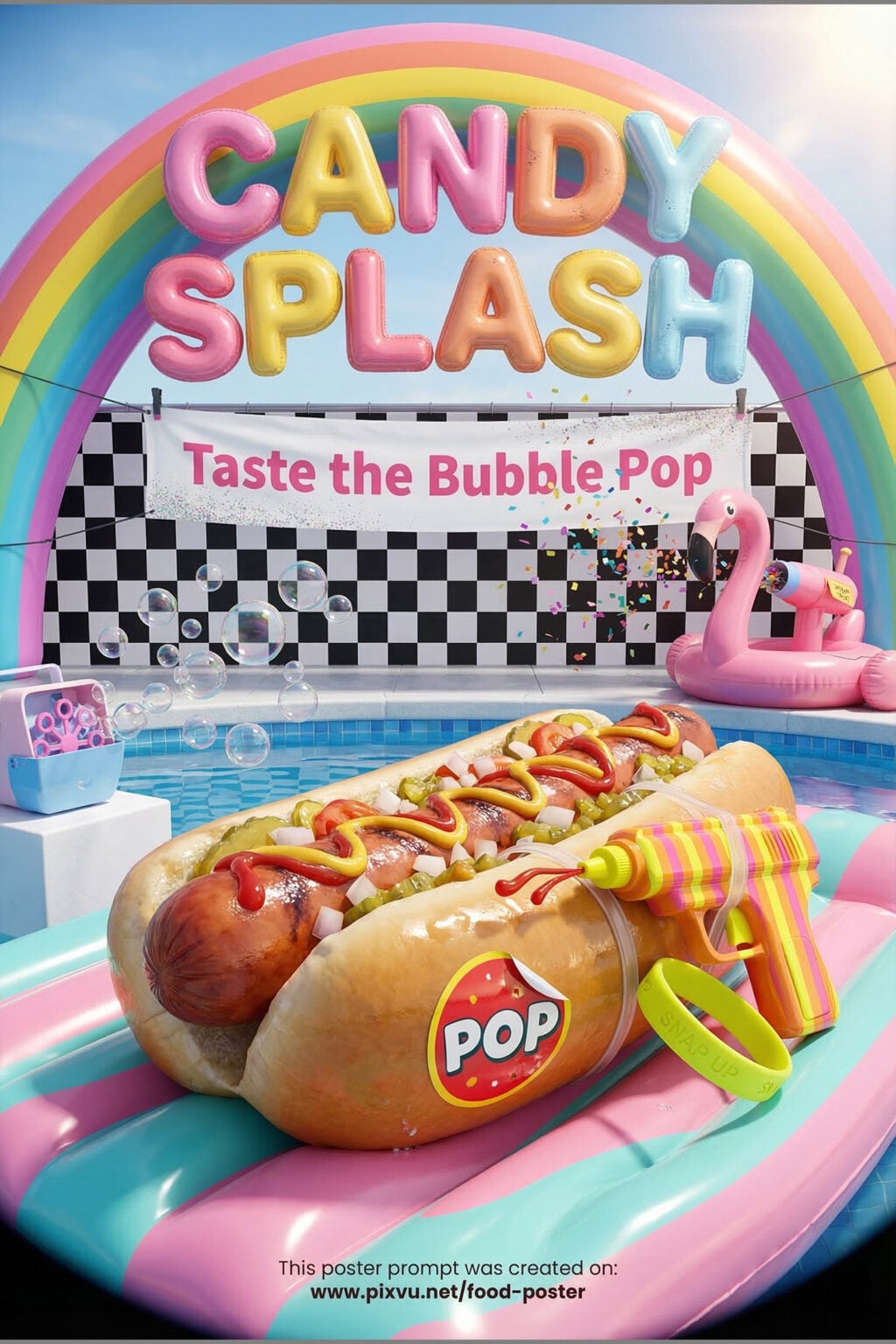 Pool Party Hotdog Poster Gemini AI Prompt _Gemini-Nano-Banana-2_