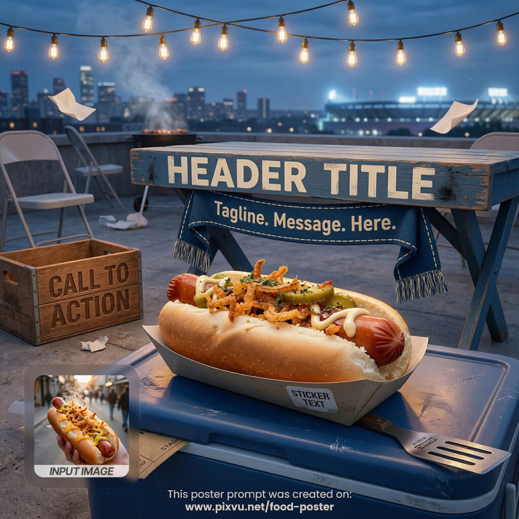 Rooftop Rally Hotdog Poster AI Prompt For Gemini _Fully-Customizable_
