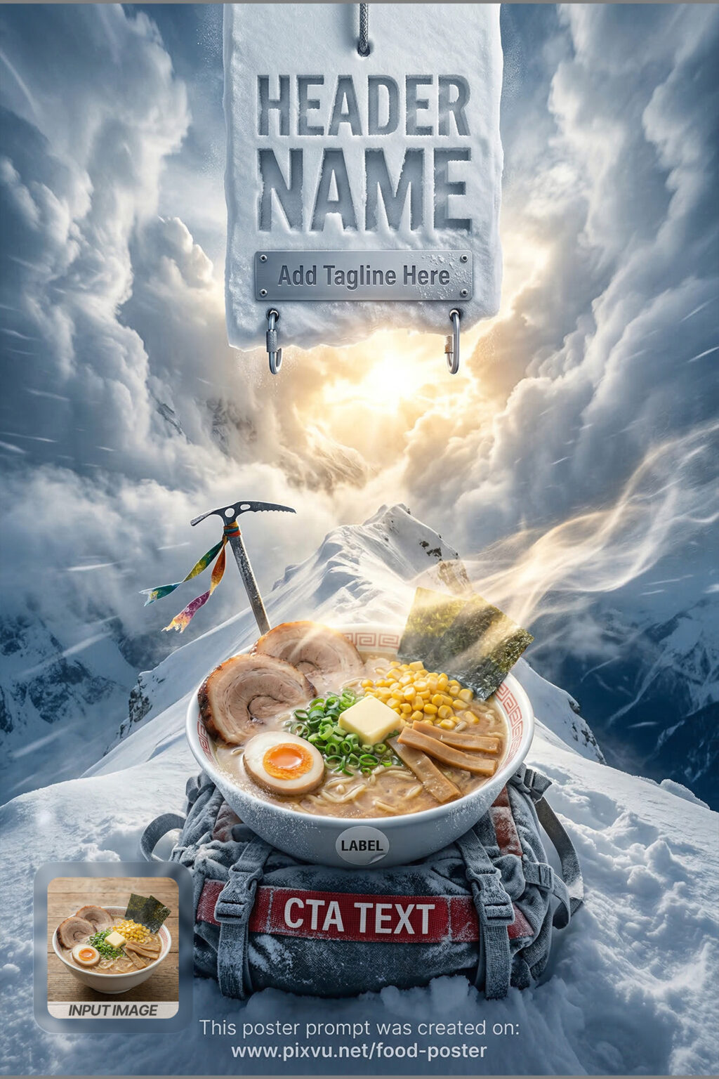 Surreal Alpine Summit Ramen Poster AI Prompt _Fully-Customizable_