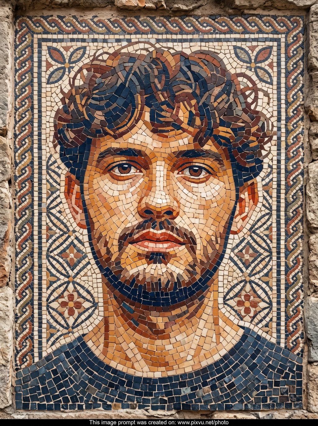 Ancient Byzantine mosaic portrait with intricate colorful tile borders, created using a ChatGPT and Gemini AI Prompt.