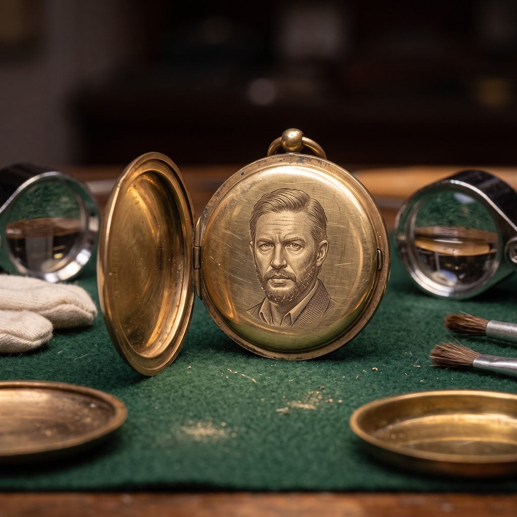 Engraved male portrait inside an open gold pocket watch on a green workbench, created with an AI Prompt for ChatGPT and Gemini.