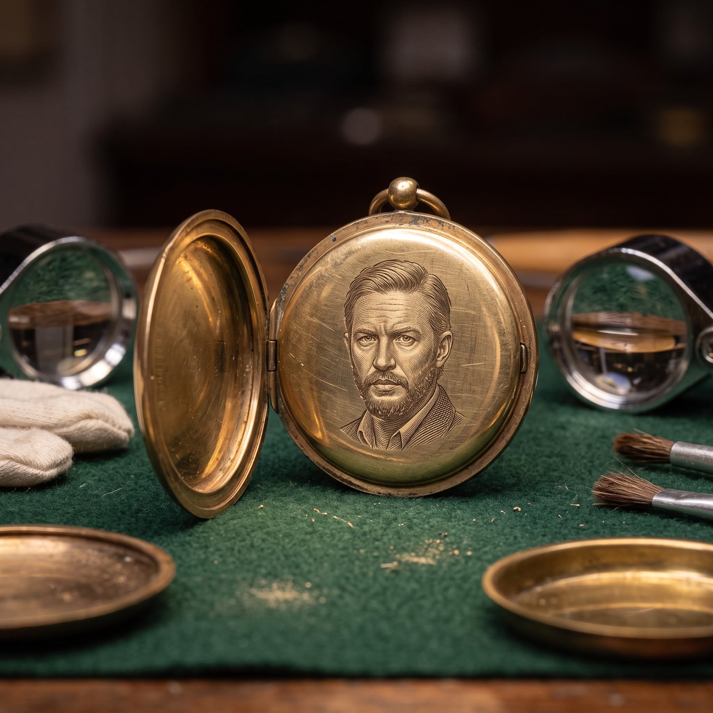 Engraved male portrait inside an open gold pocket watch on a green workbench, created with an AI Prompt for ChatGPT and Gemini.