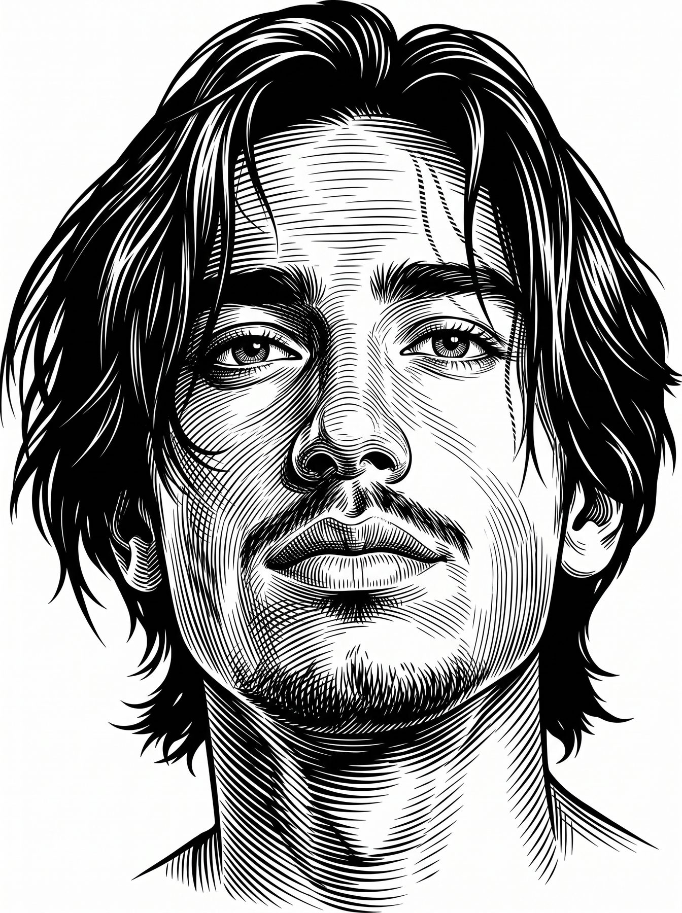 Black-and-white vector woodcut portrait of a bearded man with long hair, generated using our ChatGPT and Gemini AI Prompt.