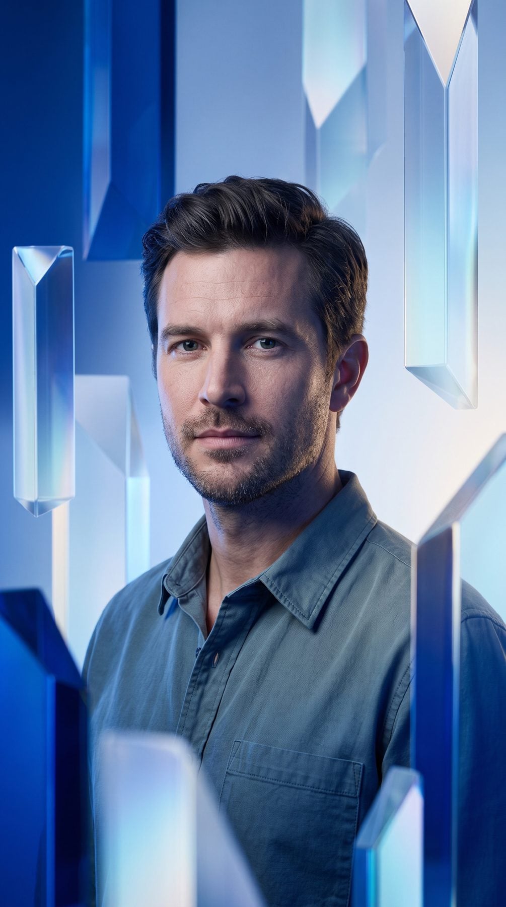 Male studio portrait surrounded by blue crystal forms and cool light, generated with an AI Prompt for ChatGPT and Gemini.