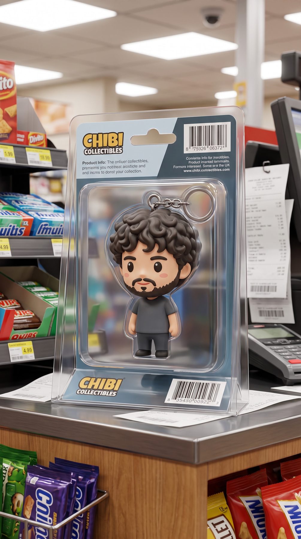 A chibi bearded figure in clear toy blister packaging at a collectibles shop, generated with a ChatGPT and Gemini AI Prompt.