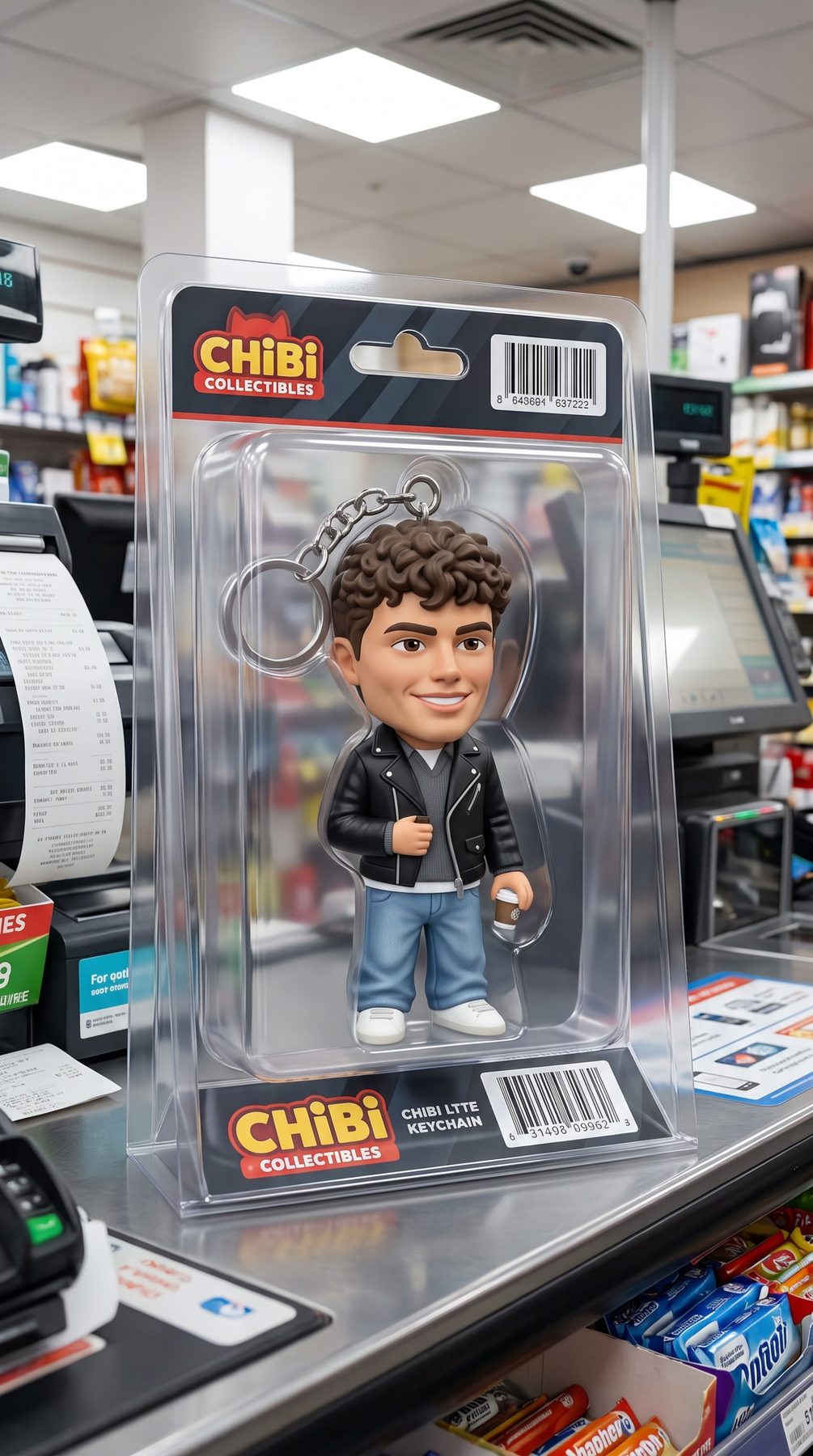 Chibi keychain figure in clear collector blister packaging at a checkout, generated using our ChatGPT and Gemini AI Prompt.