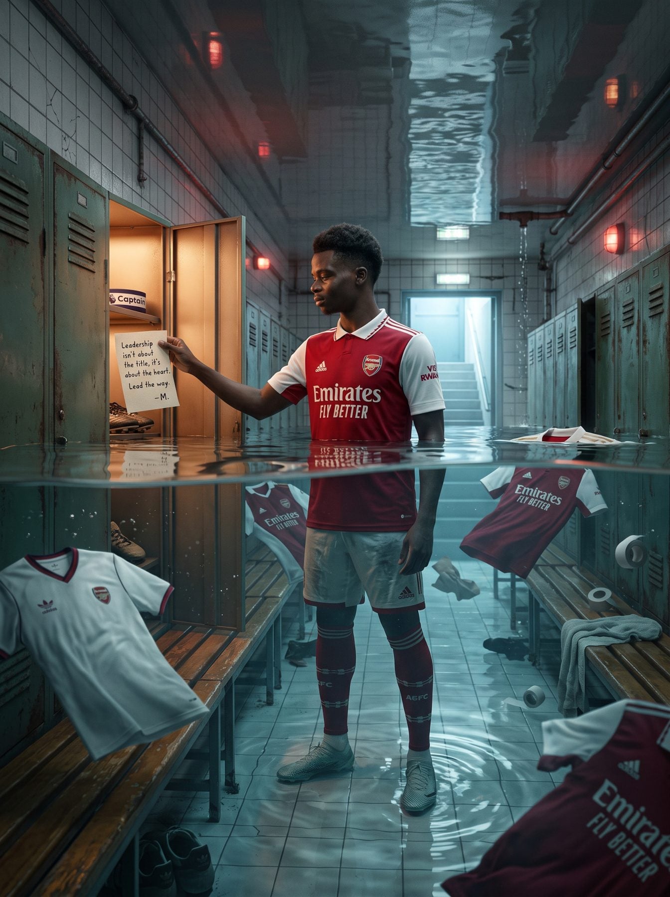 Flooded football locker room with a player holding a note, cinematic lighting, made using a ChatGPT and Gemini AI Prompt.
