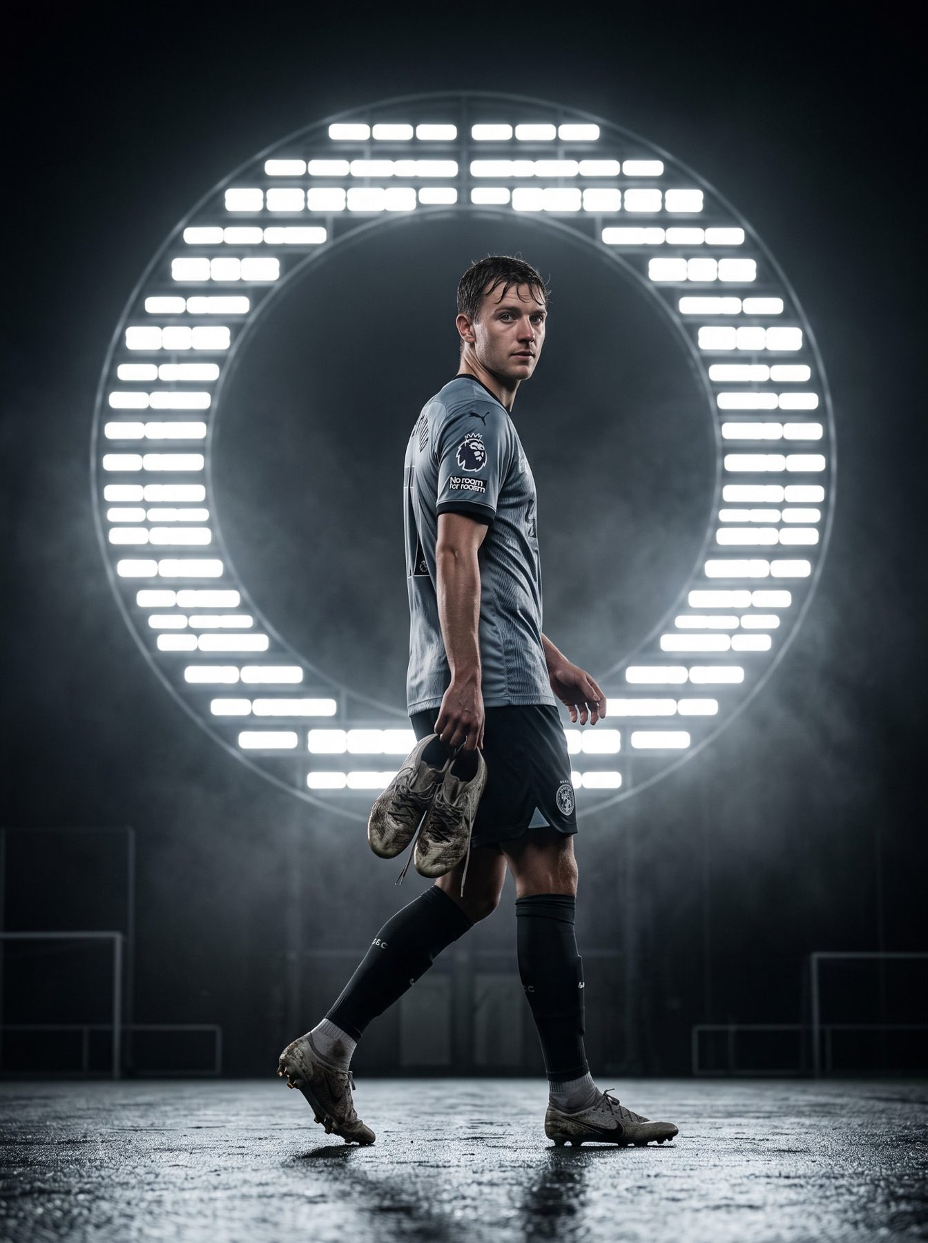 Footballer in a gray kit carries boots beneath glowing stadium lights, a cinematic sports editorial AI Prompt for ChatGPT and Gemini.