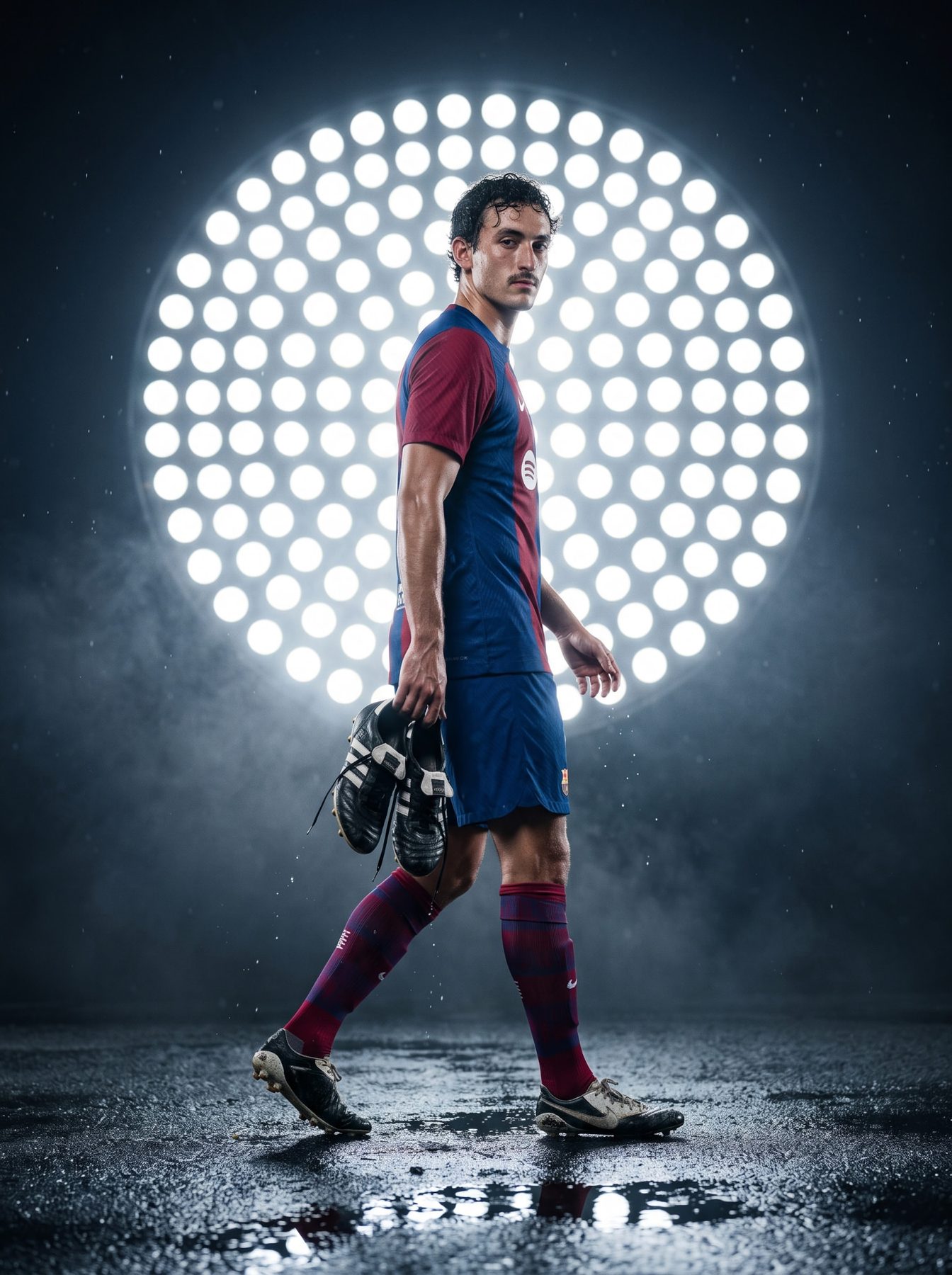 Cinematic footballer in a red and blue kit carries boots across wet pitch, created with an AI Prompt for ChatGPT and Gemini.