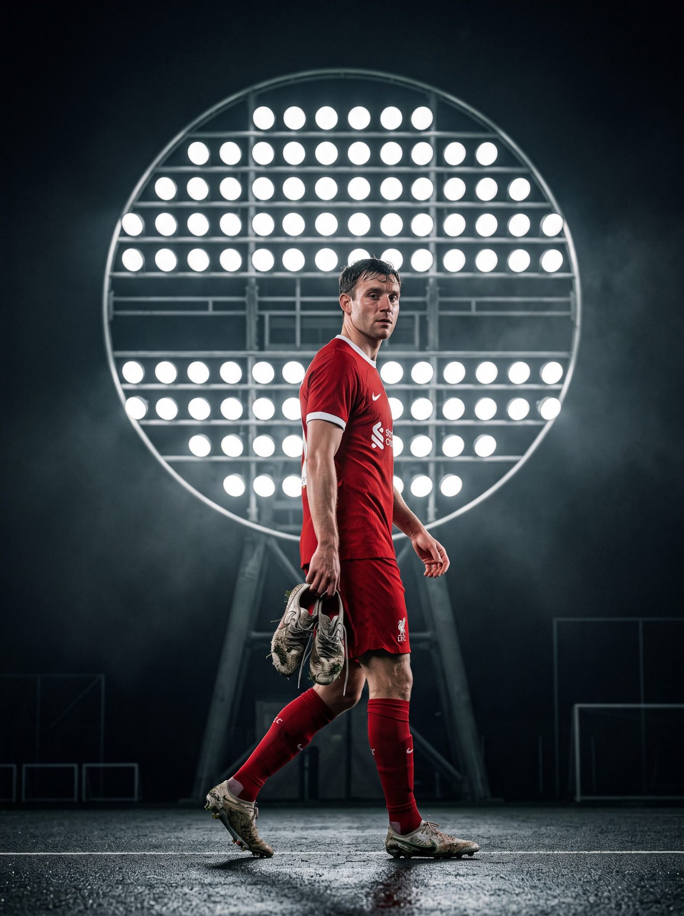 Footballer in a red kit walks under dramatic stadium lights holding boots, created with an AI Prompt for ChatGPT and Gemini.