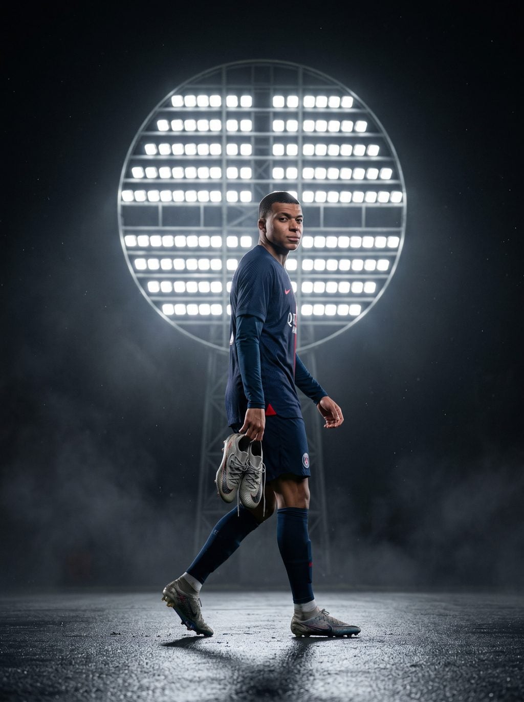 Footballer in a dark kit carries cleats beneath glowing stadium lights, created with an AI Prompt for ChatGPT and Gemini.