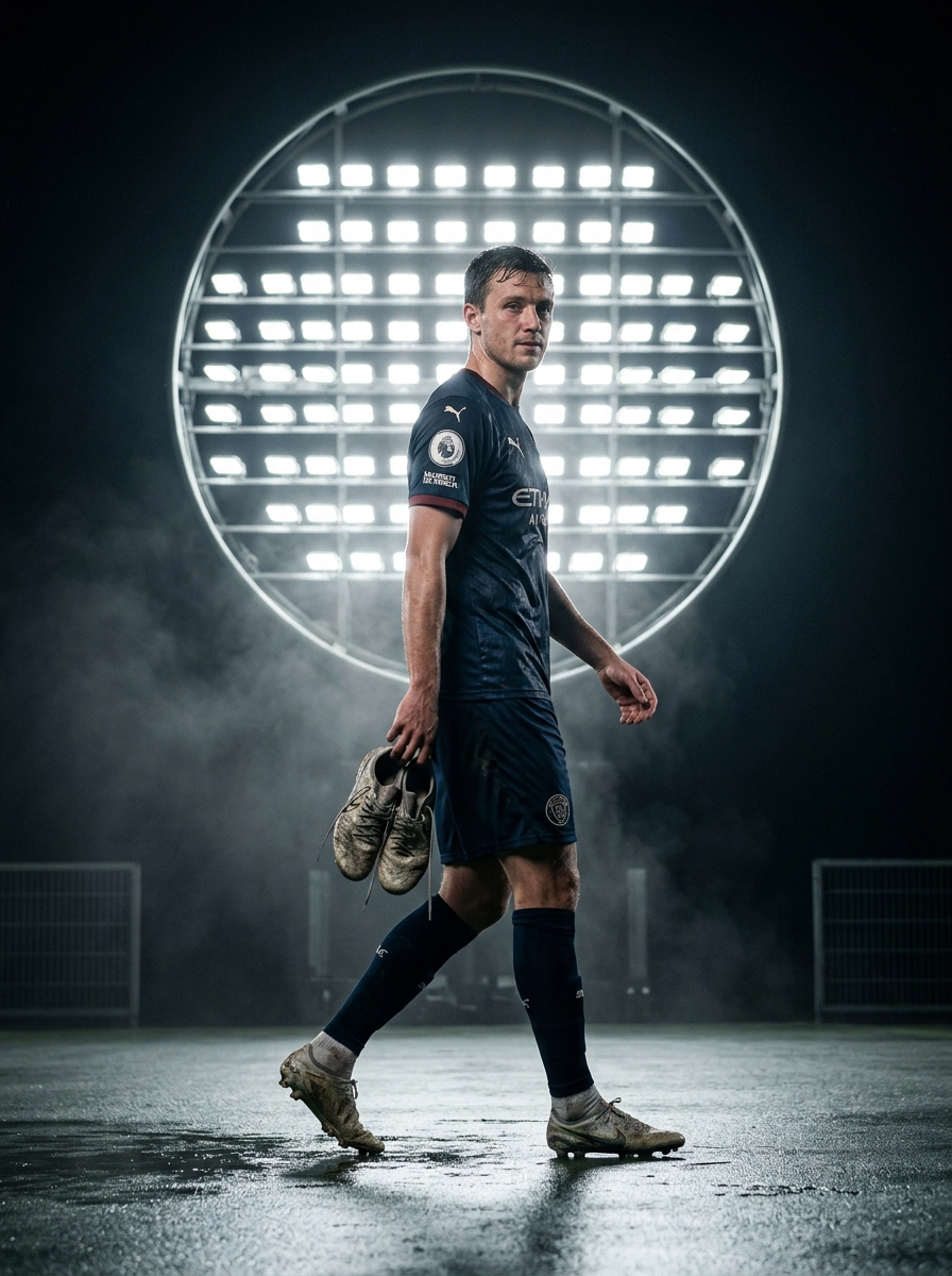 Footballer in a dark kit walks through a misty stadium holding boots, created with an AI Prompt for ChatGPT and Gemini.