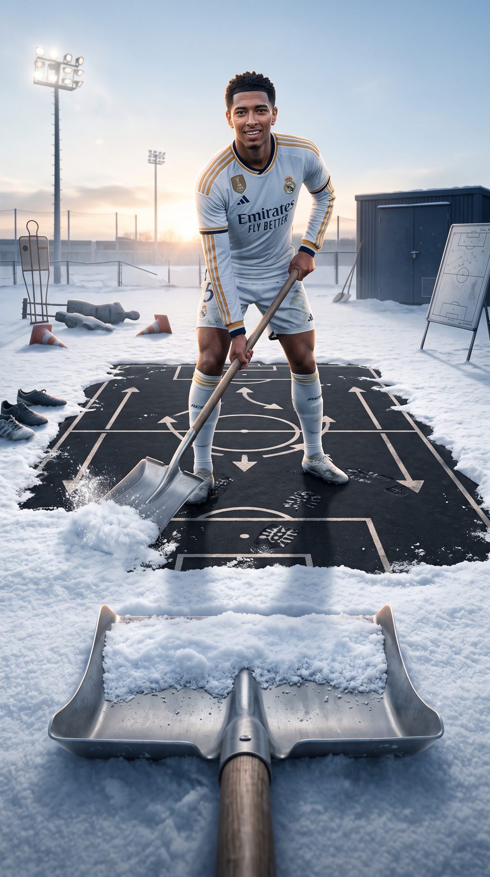 Soccer player clears snow from a tactical formation board on a winter pitch, created with an AI Prompt for ChatGPT and Gemini.