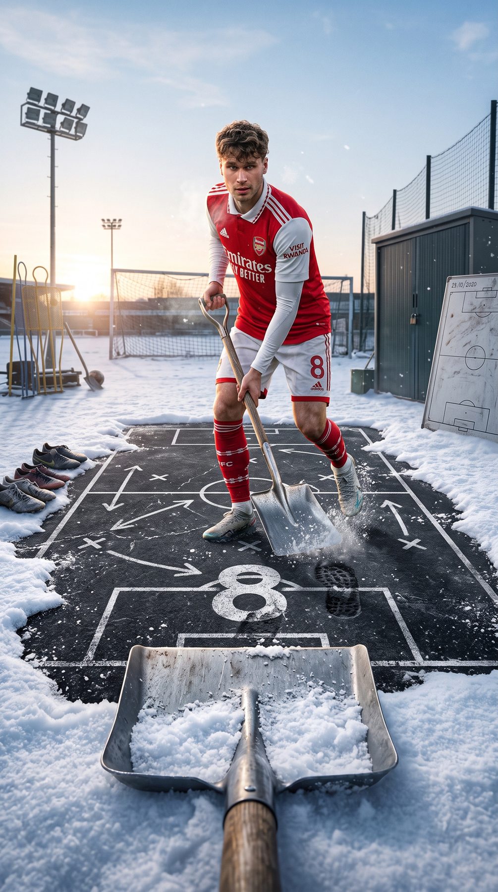 Soccer player clears snow from tactical field formation in a cinematic scene, created with an AI Prompt for ChatGPT and Gemini.