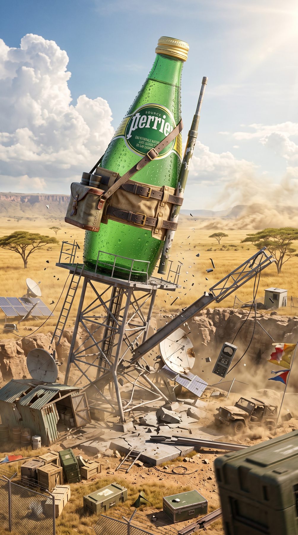 Collapsing green beverage bottle tower over a desert communications site, generated with an AI Prompt for ChatGPT and Gemini.